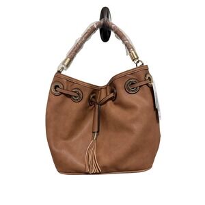 NWT JustFab Tan Pebble-Texture Hobo with Tassel Drawstring